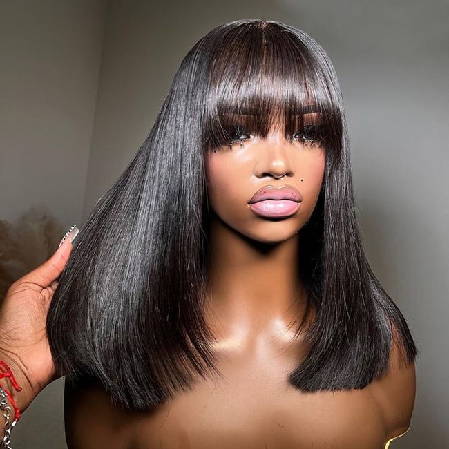 14'' Human Hair Wigs with Bangs Human Hair Straight Short Bob Wigs 180% Density Upgraded 2x1 HD Lace Glueless Wigs for Women Human Hair 100% Brazilian Human Virgin Hair Wigs