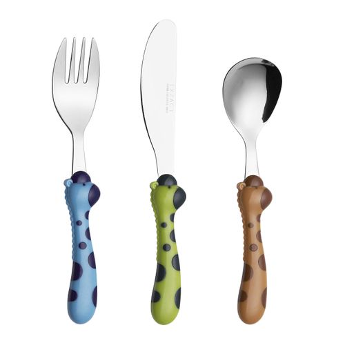 Exzact Children Cutlery Stainless Steel 3pcs Set/Toddler Cutlery Set/Kids Flatware - 1 x Fork, 1 x Safe Dinner Knife, 1 x Dinner Spoon (Giraffe x 3)