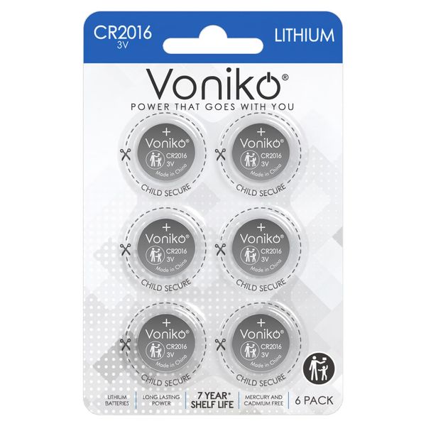 Voniko 3 Volt 2016 Battery 6 Pack – Button Cell 2016 Batteries – Lithium CR2016 3 Volt Coin Battery – Child-Protection Packaging, 7 Years Shelf Life