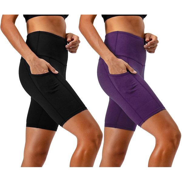 DEVOPS Women's 2-Pack High Waist Workout Yoga Running Exercise Shorts with Side Pockets (X-Small, Black/Dark Violet)