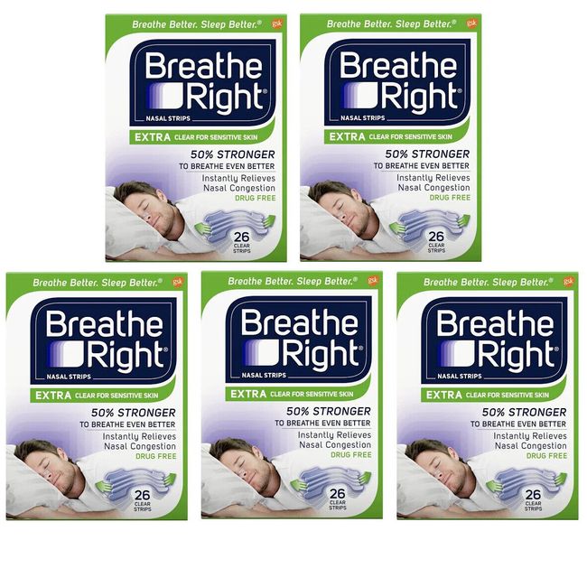 130 BREATHE RIGHT NASAL STRIPS, EXTRA CLEAR ( 5 x 26 CT Boxes ) EXP 2027 NEW