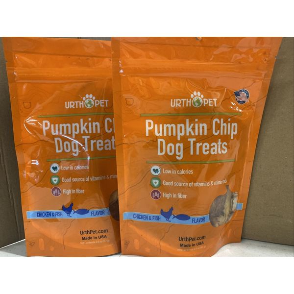 2 Urth Pet Pumpkin Chip Dog Treats USA 100% Natural High Fiber Chicken & Fish