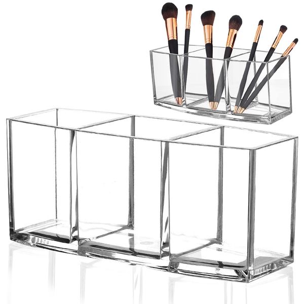 SVUPUE Make Up Brush Holder, 3 Compartments Thickened Acrylic Makeup Brush, Compartment Transparent Cosmetic Organiser, Lipstick Makeup Brush Holder Organiser for Bathroom, Bedroom, Dressing Table