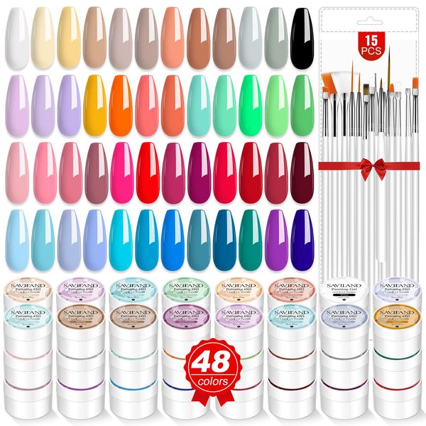 Saviland 48 Colors Gel Nail Set with 15 Nail Brushes, Color Gel Nail Polish Set, DIY Nail Art Design, Drawing Nail Brushes for Nail Salon