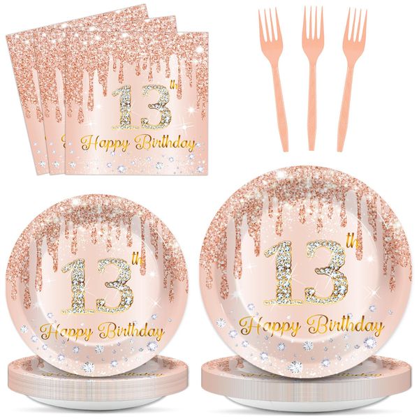 Chunnin 96 Pcs Rose Gold 13th Birthday Party Plates and Napkins for Girls Rose Gold 13th Birthday Party Supplies Happy 13th Birthday Party Tableware Set for 24 Guests Party Decorations