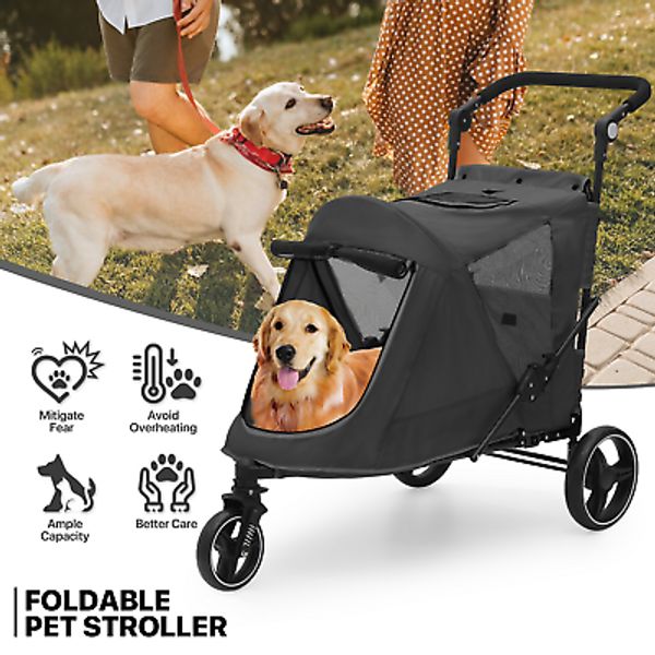 Folding 3-Wheel Dog Stroller Breathable Pet Travel Carrier w/Skylight+Wheel Lock