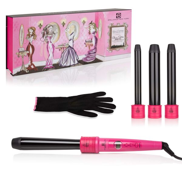 Brilliance New york Women's C4HP Digital Quad Barrel Curling Iron Diamond Dust Technology | Plus Free Heat Resistant Glove, Hot Pink