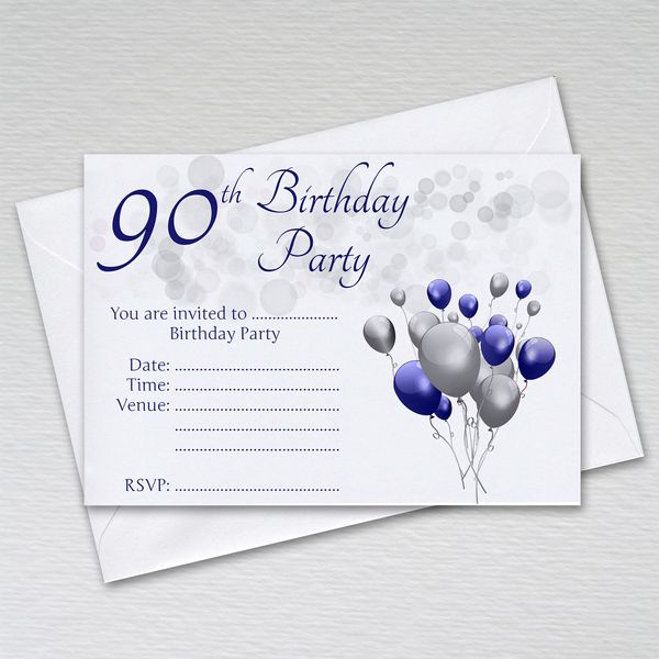 Pack of 90th Birthday Party Invitations with Envelopes: Blue & Silver Ninetieth Invites for Male/Female Birthday Parties (Pack of 20 Blue & Silver with Envelopes)