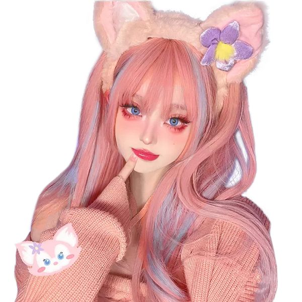 Hawkko Wig, Long, Full Wig, Straight, Princess Cut, Wig, Inner Color, Gradient, Women's, Bangs, Princess Hair, Cross-Dressing Wig, Halloween, Face Shrinking, Harajuku Style, Lolita, Net / Comb Included, Pink x Light Blue, Free Size
