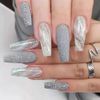 Set of 24 Nail Tips Gray White Marble Flash Long Adult Women Nails