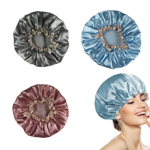 Shower Cap, Set of 3, Double Layer Waterproof, Reusable, Beauty Hair & Vanity Cap, SPA, Adult, Repeat, Waterproof, Bath, Cap, Shampoo Hat, Prevent Oil Smoke, Bath Hat, Face Washer Cap, Bath Supplies