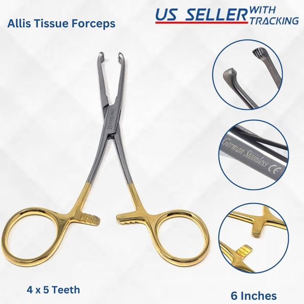 OR GRADE Gold Handle Allis Tissue Forceps 6" Surgical Ob/Gynecology Instruments