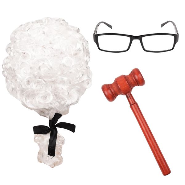 Lezevn 3Pcs Judge Wig Judge Gavels and Glasses Judge Court Lawyer Wig Headwear Mini Wooden Judge Gavel Toy Halloween Costume Accessories