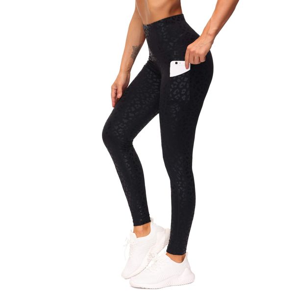 THE GYM PEOPLE Thick High Waist Yoga Pants with Pockets, Tummy Control Workout Running Yoga Leggings for Women (Large, Black Leopard)