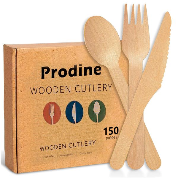 PRODINE 150Pcs Eco Friendly Cutlery Set Biodegradable Wooden Disposable Cutlery Set for Partes, Natural Wooden Cutlery Set for Camping 50 Spoons, 50 Forks, 50 Knives