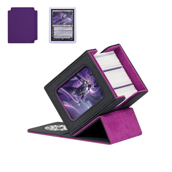 Infinity Guard Deck Box with Commander Display for 100+ Double Sleeved Cards, Denim Magnetic Card Storage Box Fits for TCG CCG Magic Cards (Black&Purple)