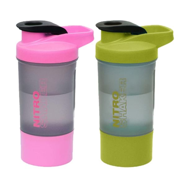 Set of 2 - 600 ML Plastic BPA Free Protien Shaker Bottle with Storage Compartment for Protein Powder Supplements Measurement Scale Steel Mixing Ball Leak Proof Flip Cap Screw Lid (Pink & Green)