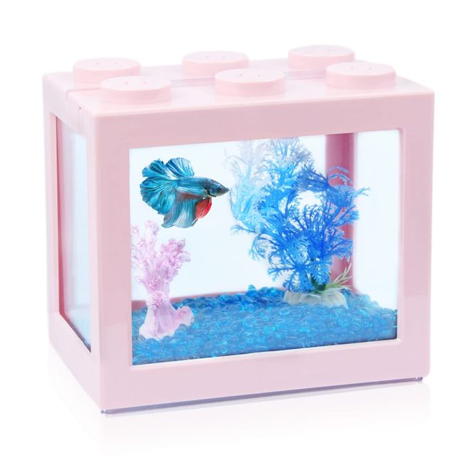 Tsxurepaw Small Betta Fish Tank, Stackable Mini Fish Tank Aquarium Tank Kit, 3/5 Gallon Rectangular Fish Bowl with Aquarium Gravel Decoration, Cube Tank for Sea Monkeys (Pink)