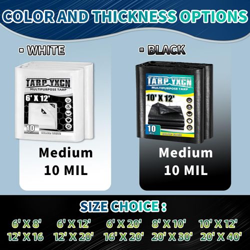 TA*RP YXCN Black Tarp 6x8 Feet, 10 Mil Thick Waterproof Poly Tarps Cover UV Resistant, Rip & Tear Proof with Metal Grommets Every 20 Inches