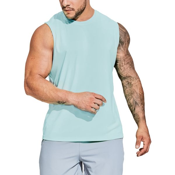 MIER Men's Lightweight UPF 50 Sleeveless Workout Shirts Breathable Training Yoga Tank Tops Sun Block Active Jogging Sportswear Tops Light Blue M