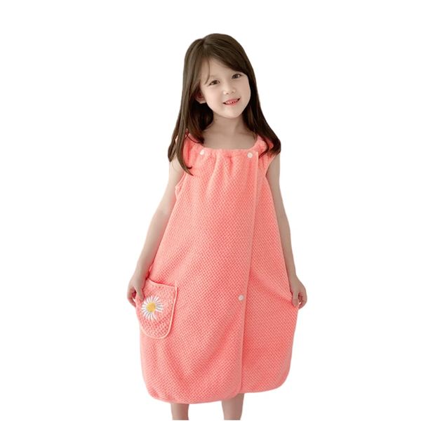 Wearable Bath Towel, Wrap Towel, Bathrobe, Pool Towel, Wrap Towel, Wear Towel, Girls, Kids, Water Absorbent, Pocket, Button, One-piece Type, Elementary School Students, Quick Drying, Length 31.5