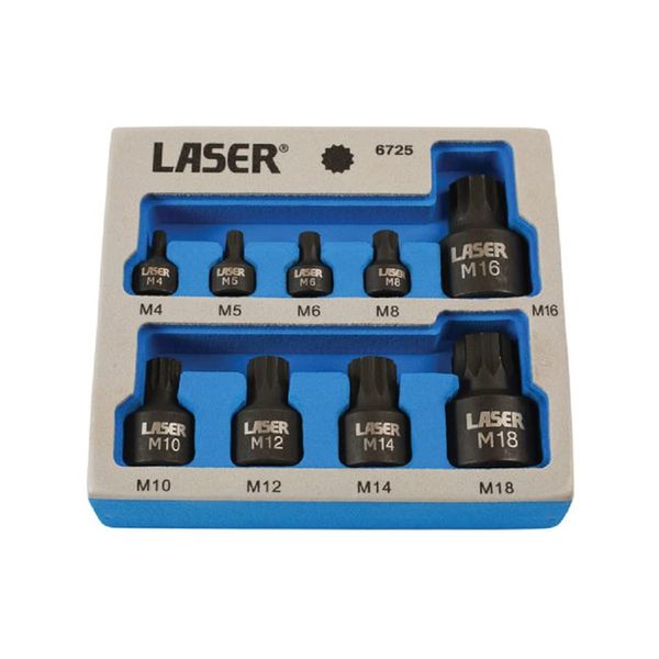 Laser 6725 Low Profile Spline Socket Bit Set, Silver, 1/4"D, 3/8"D, 1/2"D, 9pc