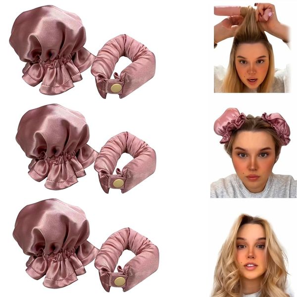 New Satin Heatless Hair Curling Set, Hair Rollers for Heatless Curls with Hair Caps, Heatless Curlers for Long Hair, Curling Set for Sleep In Overnight for Women (3 SET,Lotus root starch)