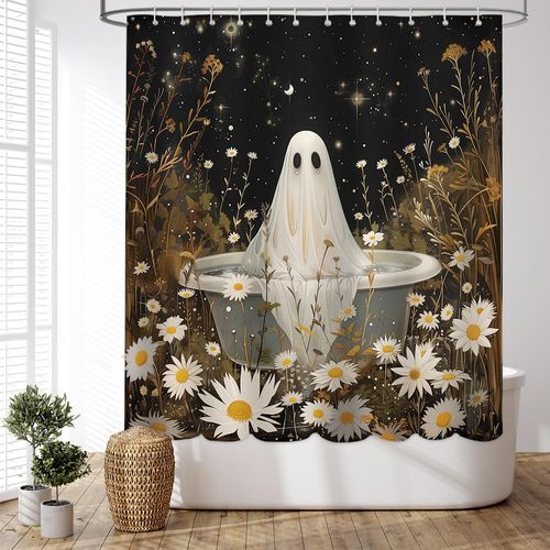 MEHOFOND Halloween Ghost and Wildflowers Shower Curtain for Bathroom Gothic Cute Spooky Ghost Waterproof Spatter Fabric Bathroom Sets with Hooks 72 x 72 Inch