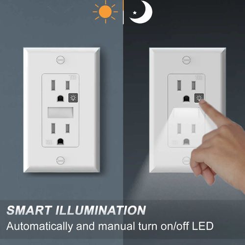 SOZULAMP Receptacle Outlet with Night Light,White Standard Decorator Electrical Wall Outlet,15A,2 Pole,3 Wire,Tamper-Resistant,Wall Plate Included(4 Pack,White)