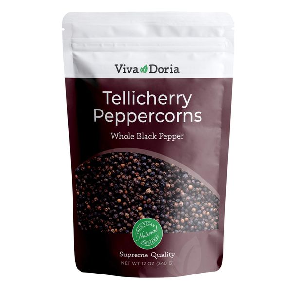 Viva Doria Tellicherry Peppercorn, Whole Black Pepper, Steam Sterilized Black Peppercorns, 12 Oz