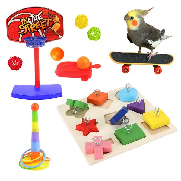 JSLZF Bird Training Toy, Parakeet Toy, Parrot Wooden Block Puzzles Toy, Bird Basketball Toy, Parrot Skateboard, Bird Stacking Toy for Parrot Budgie Cockatiel Finch