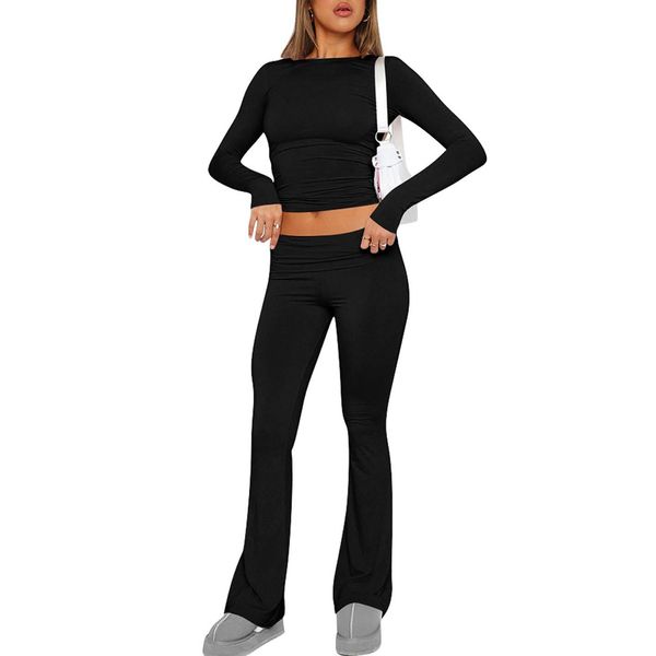 ABINGOO Damen Baumwoll Lounge Set Oberteil Und Schlaghose Set Geschnittene Yoga Trainingsanzug Zweiteiliger Outfit Schmal Loungewear Set(Schwarz,L)