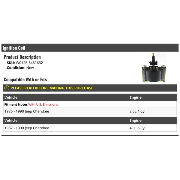 Ignition Coil - Compatible with 1986-1990 Jeep Cherokee