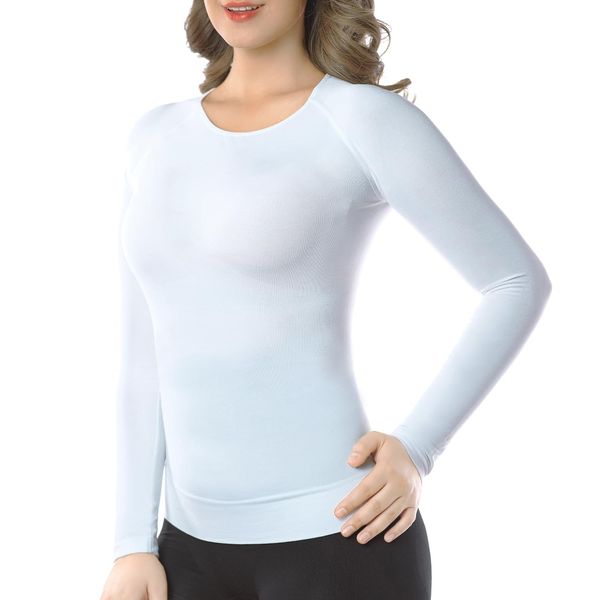 +MD Womens Long Sleeve Undershirts Tops, Bamboo Round Neck Slim Fit Baselayer, Soft Thermal Underwear, Light Compression Shirt Underscrubs (White, Medium)