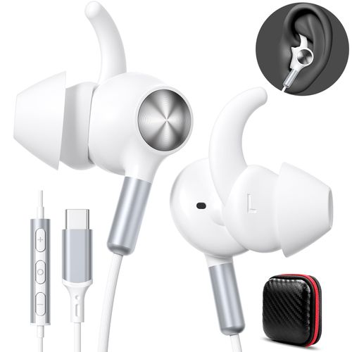 APETOO Wired Ear Buds Running USB-C Headphones with Anti-Fall/Hurt Wingtips for iPhone 16/15, Hands-Free Call, Pure Stereo Deep Bass, Noise Canceling Comfort in-Ear Headset for Outdoor/Home/Office