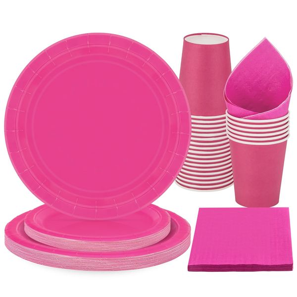 PARTY GO 96 Pcs Hot Pink Tableware Set, Paper Plates Cups and Napkins, Disposable Dinnerware Party Supplies for Graduation Holiday Wedding Birthday Party Baby Shower Decorations Serve 24 Guests