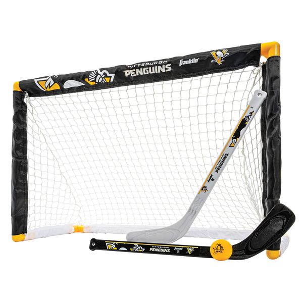 Franklin Sports unisex teen Franklin Sports Pittsburgh Penguins Mini Hockey Set Knee Hockey Goal Ball 2 Hockey Stick Combo, Pittsburgh Penguins, 28 x 20 12 US