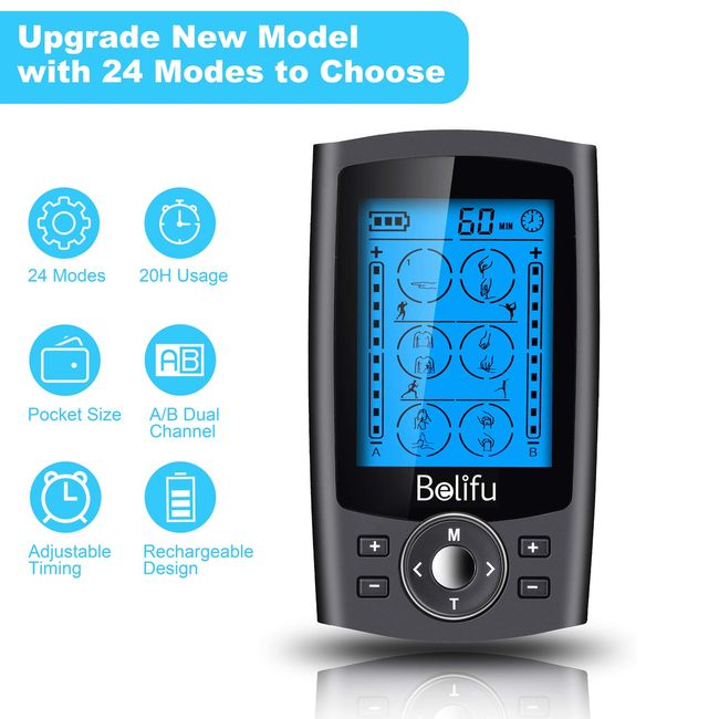 Belifu Dual Channel TENS EMS Unit 24 Modes Muscle Stimulator for Pain  Relief Therapy, Electronic Pulse Massager Muscle Massager with 10 Pads