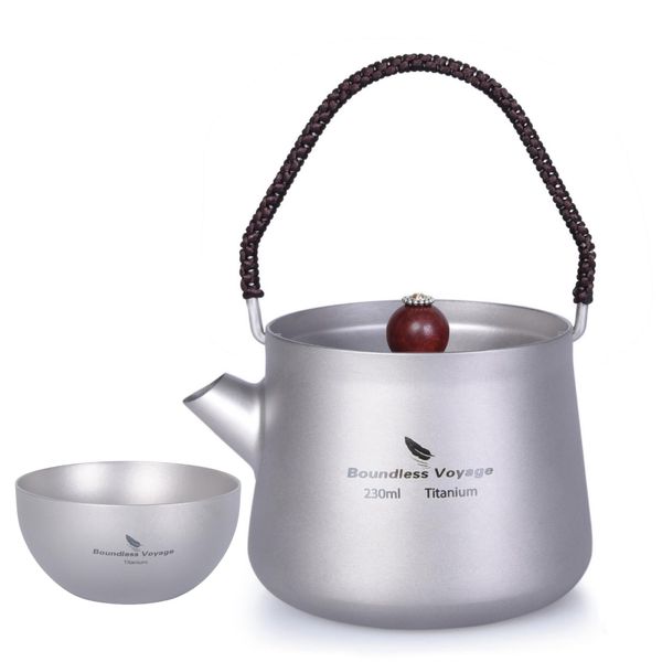 Boundless Voyage 6.1 fl oz (230 ml) Titanium Teapot, Mini Round Teapot, Includes Titanium Tea Strainer, Ultra Light, 1 Tea Cup, Set of 2 (Ti3093D)