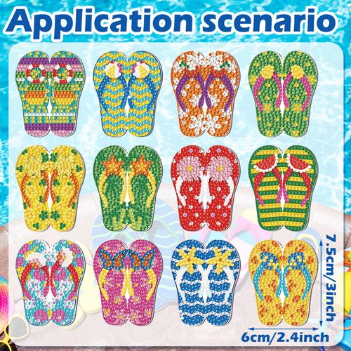 Sasylvia 12 Pcs Summer Slipper Diamond Painting Keychains DIY Diamond Painting Kits Slippers Hanging Diamond Painting Ornaments Colorful Diamond Key Ring for Adult Home Party Decor