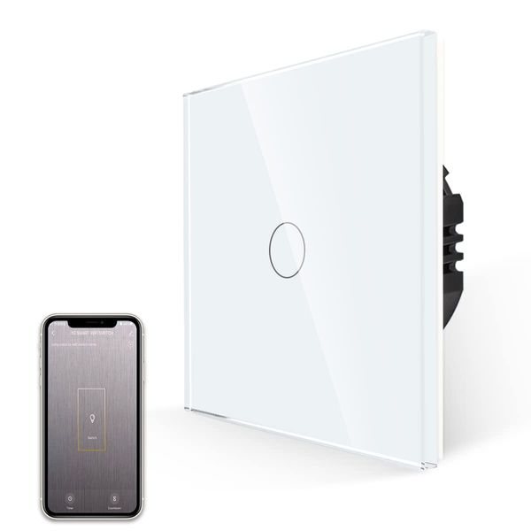 JIMEIDA Smart Light Switch 600W WiFi Touch Light Switch White Glass Cover Plate, Work for Alexa, Google Home, Wall Switch with LED Backlight, Neutral Wire Required, 1 Gang