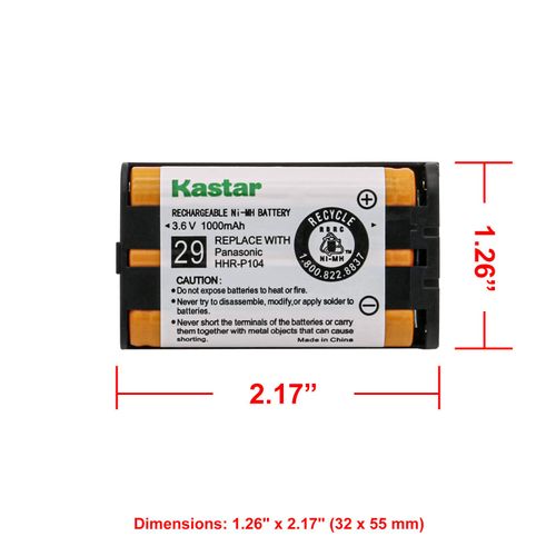 Kastar 1-Pack 3.6v 1000mAh Battery HHR-P104 Replacement for Panasonic KX-TG5433M KX-TG5436M KX-TG5438F KX-TG5438S KX-TG5439M KX-TG5439S KX-TG5451S KX-TG5452M KX-TG5453M KX-TG5456S KX-TG5471S Handset