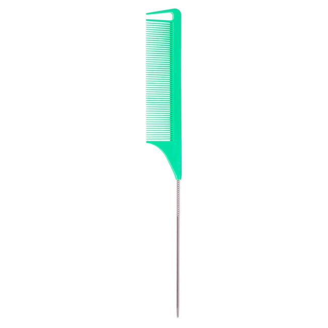 Plastic Detangling Parting Braiding Teasing Fine Tooth Comb With Stainless Steel Handle (Green)