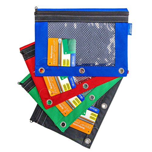 BAZIC Pencil Pouch 3 Ring Binder Pouch w/ Rivet Enforced Rings Holes, Assorted Color Mesh Window Zipper Pouches, 4-Pack