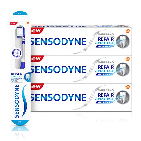 Sensodyne Sensitive Teeth Regime Kit with 3 Whitening Toothpaste and 1 Repair and Protect Soft Toothbrush, 4 Count (Pack of 1)