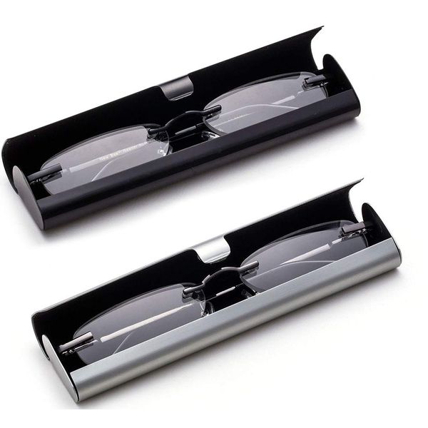 Newbee Fashion-Portable Compact Reading Glasses in Aluminum Case Metal Rectangle Rimless Reading Glasses Super Lightweight Reader Slim Design Comfort Fit for Men&Women 2 PACKBLACK & Gunmetal+2.50