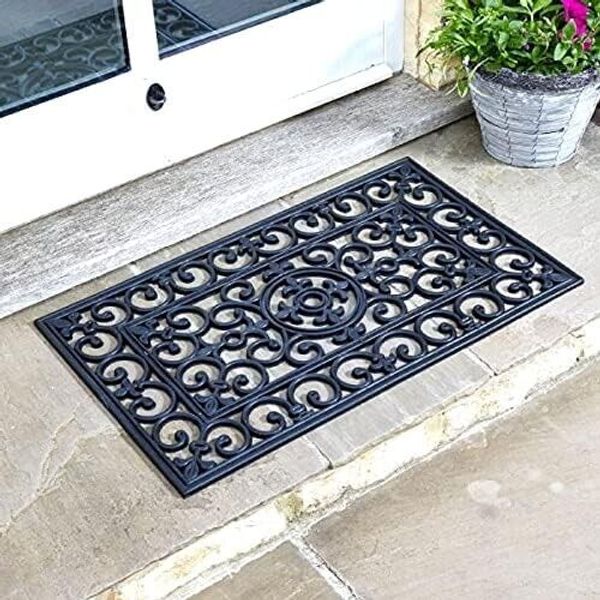 Rubber Door Mat Wrought Iron Effect Non Slip Heavy Duty Outdoor 75 x 45cm Black