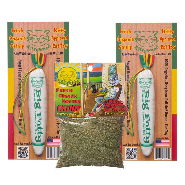 KittyWeed Big Fatty Catnip Toy Package Deal - Cat & Kitten Handmade Catnip Toys & Supplies - Two Big Fatty Catnip Toys Plus a Half Ounce Bag | Organic, Kosher & Super Potent Catnip