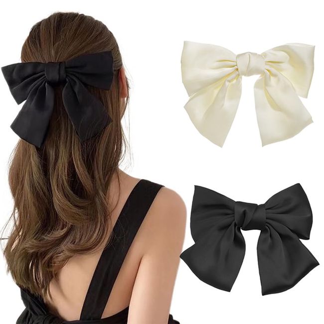 ZSPERKLA Pack of 2 Large Hair Bows Women, Hair Clips with Bow, Satin Bow Hair Clip, French Hair Clips, Hair Accessories for Women Girls (Black and Beige)