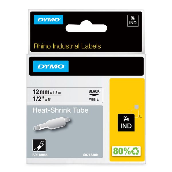 DYMO Rhino Industrial Heat-Shrink Cable Label Tubes 12mm x 1.5m Black Print on White for Rhino Label Makers